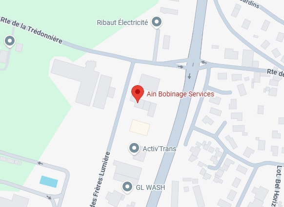 Ain Bobinage Services : Plan d'accès et localisation Carte du secteur des Frères Lumière avec Ain Bobinage Services, Activ'Trans, GL WASH et Ribaut Électricité.