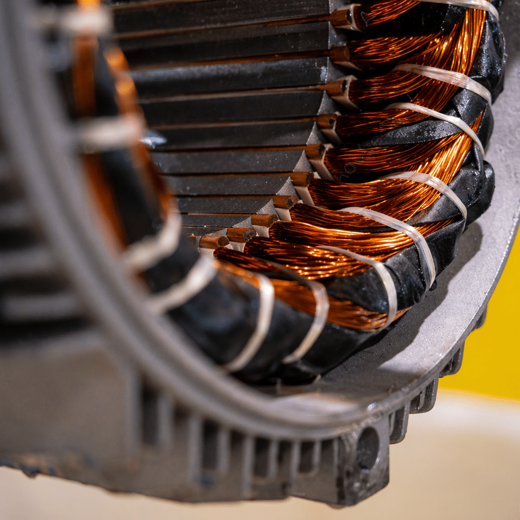 Gros plan du bobinage en cuivre d'un stator de moteur électrique avec fils isolés et ailettes de refroidissement.
